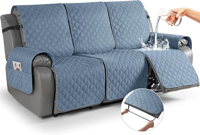 TAOCOCO 100% Waterproof Recliner Covers, Recliner Sofa Covers with Leg Straps, Reversible Recliner Couch Cover for Reclining Chair, Washable Couch Protector for Pets Kids(3 Seater, Sky Blue)