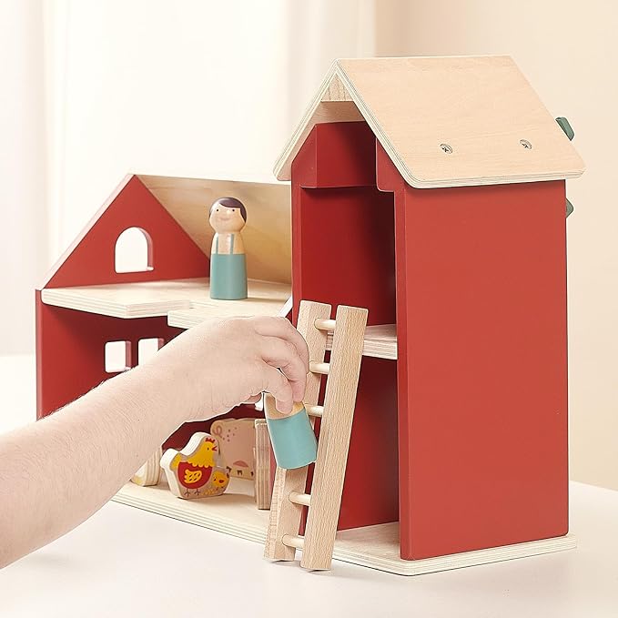 PairPear Wooden Barn Farm Toys with Farm Animals Figures and Tractor, Educational Stacking Learning Toys Gift for Toddler Girls Boys 3+