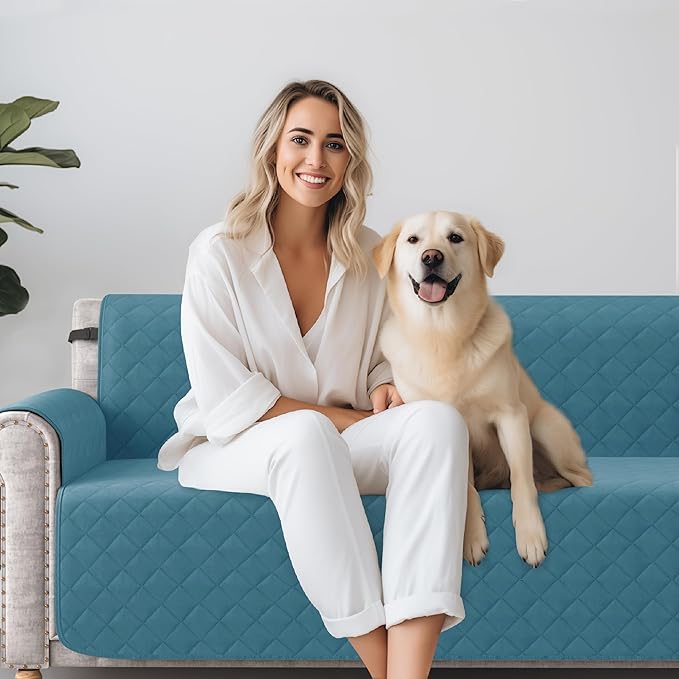 CHUN YI Oversized Couch Cover, Water Resistant Sofa Cover Slipcover for 4 Cushion Sofa, Washable with Adjustable Strap Storage Pocket for Living Room Dog Pet (Oversized Sofa, Blue)