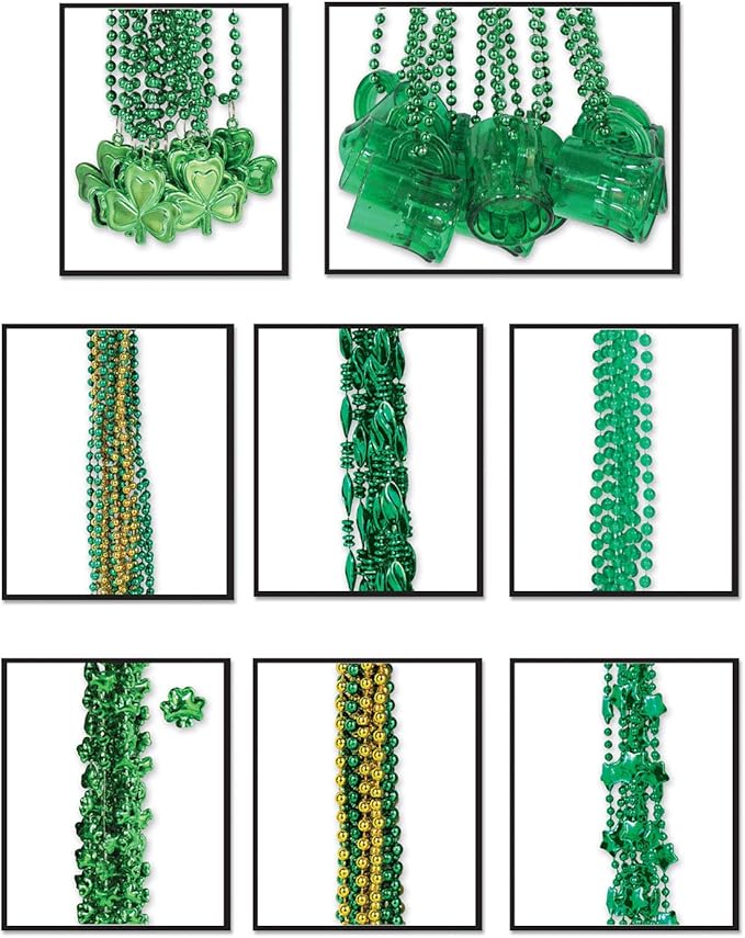 Beistle Happy St Patrick's Day Plastic Beaded Necklace Assortment 100 Piece Shamrock Party Favors, 24" & 33", Green/Gold