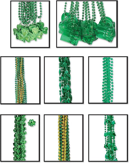 Beistle Happy St Patrick's Day Plastic Beaded Necklace Assortment 100 Piece Shamrock Party Favors, 24" & 33", Green/Gold