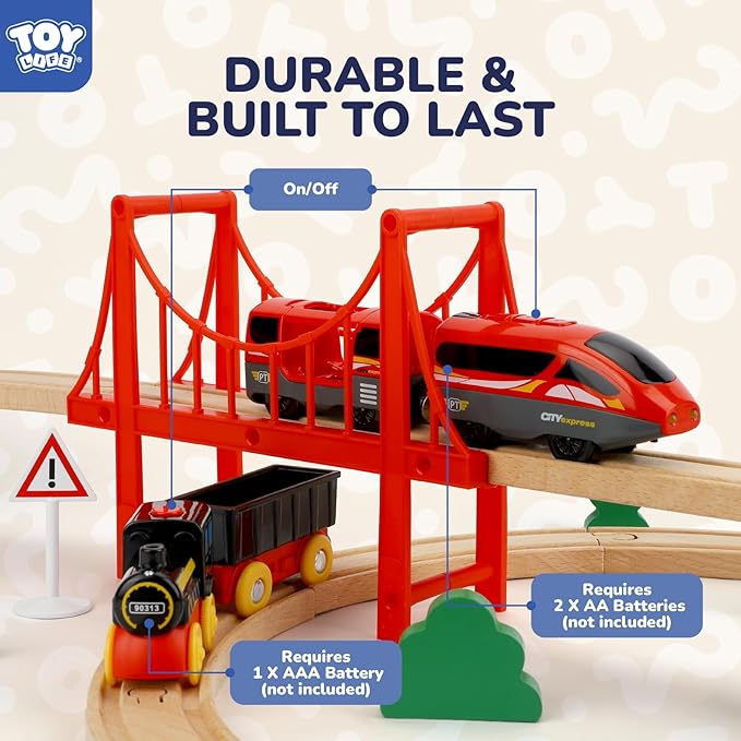 TOY Life Train Set 80pcs Train Toys with Crane & Locomotive Train, Train Set for Kids 4-8, Wooden Train Tracks Toy Train Set for Toddlers 3 4 5, Kids Train Set Gift Toy Fits Thomas, Brio Tracks