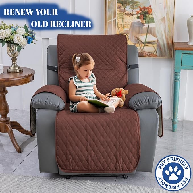 XINEAGE Water Resistant Recliner Cover, Nonslip Recliner Chair Covers for Reclining Chair with Pockets, Quilted Thick Recliner Slipcovers for Pets and Kids (Recliner Chair, Coffee)