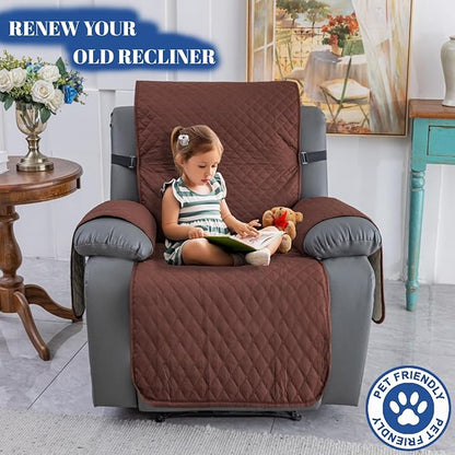 XINEAGE Water Resistant Recliner Cover, Nonslip Recliner Chair Covers for Reclining Chair with Pockets, Quilted Thick Recliner Slipcovers for Pets and Kids (Recliner Chair, Coffee)