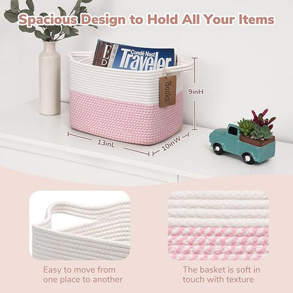 Goodpick Woven Storage Basket, 13" x 10" x 9" Storage Baskets for Organizing, Rope Gift Basket with Handles, Baby Baskets Kids Toy Organizer for Living Room, Pink