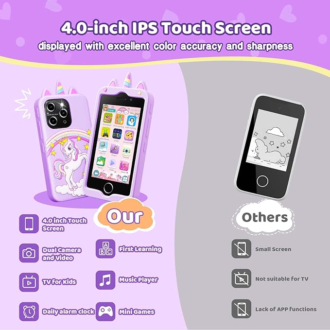 Kids Smart Phone for Girls, 4.0" Touchscreen Learning Music Puzzle-games Toddler Phone for Kids Ages 3-9, Dual Camera，Built-in 8G SD Card Kids Phone Toy, Birthday Gifts for Kids Cell Phone Toy, Purple