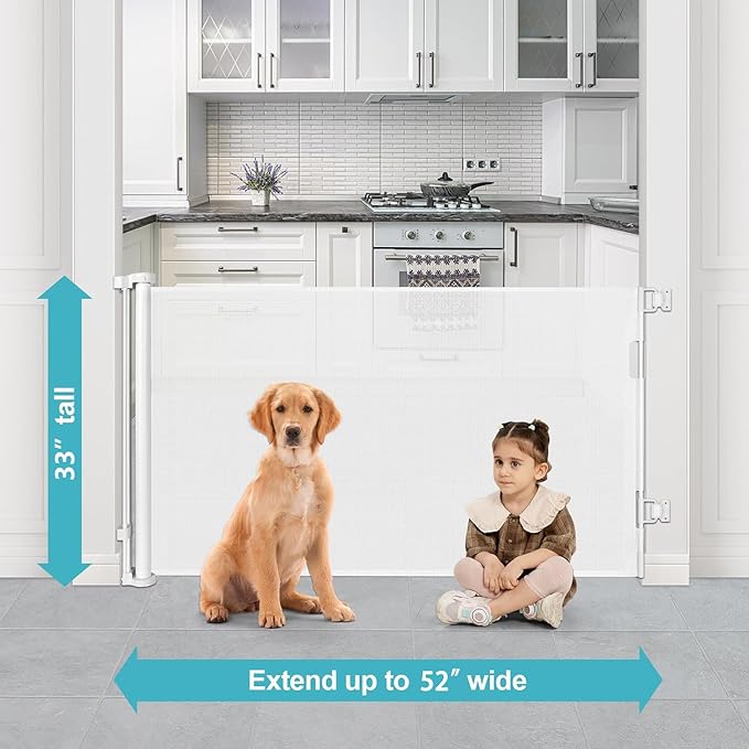 52 Inch Retractable Dog Gate for Kids Indoor Retractable Baby Gate for Doorway Retractable Baby Gate for Stair Outdoor Baby Gate for Decks Pet Gate for Stair Outdoor Child Gate for Doorways (White)