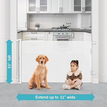 52 Inch Retractable Dog Gate for Kids Indoor Retractable Baby Gate for Doorway Retractable Baby Gate for Stair Outdoor Baby Gate for Decks Pet Gate for Stair Outdoor Child Gate for Doorways (White)