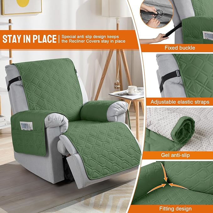 VANSOFY 100% Waterproof Recliner Chair Covers, Recliner Cover Non-Slip Dog Chair Cover Furniture Protector Washable Slipcover with Pocket, Elastic Straps for Pets, Dogs(Vine Green, 23.6")