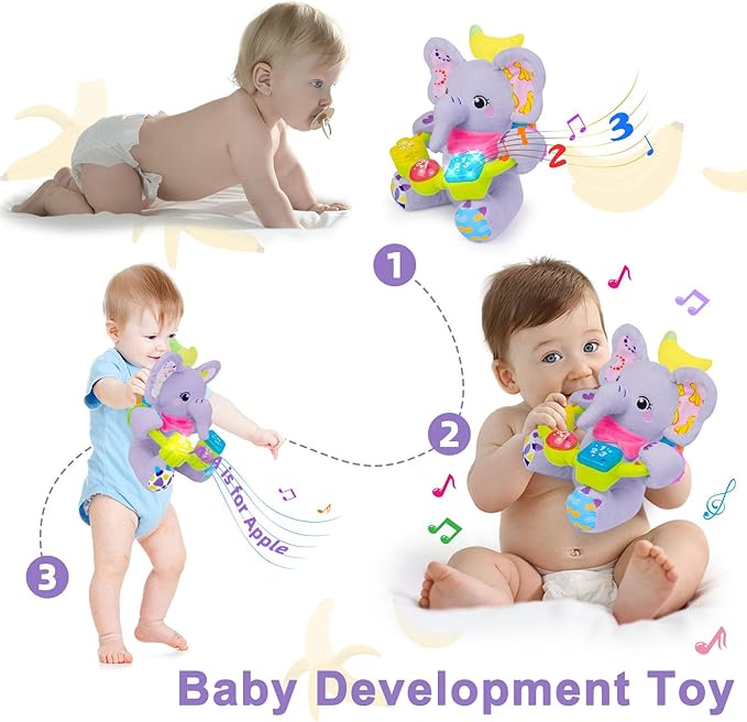 Holaxander Baby Elephant Musical Stuffed Animals Toy with Light-Up Music & Crinkle Sound Paper,Infant Bilingual Early Learning Education Toys,Tummy Time Toys for 0-3-6-12+ Months Boy Girl, Purple