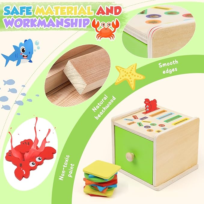 Montessori Wooden Toddler Toys for 1 Year Old, Fine Motor Skills Toys for 1-3 Year Old, 12-18 Month Baby Educational Color Shape Sorting & Animal Cognition Toy with Drawer, Birthday Gift for Girl Boy