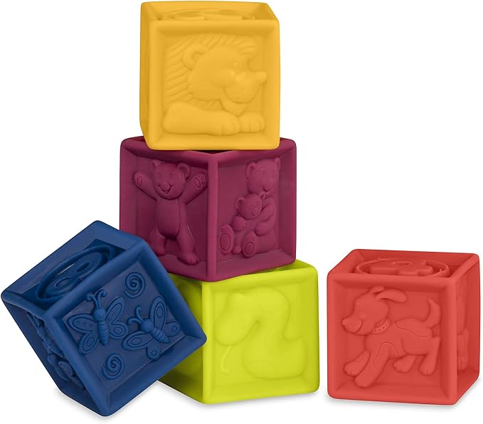 B. toys – Baby Blocks & Stacking – 10 Numbered Blocks & 5 Colorful Rings – Building Play Set for Infants – Educational Toys – One Two Squeeze & Stacking Stones – 6+ Months