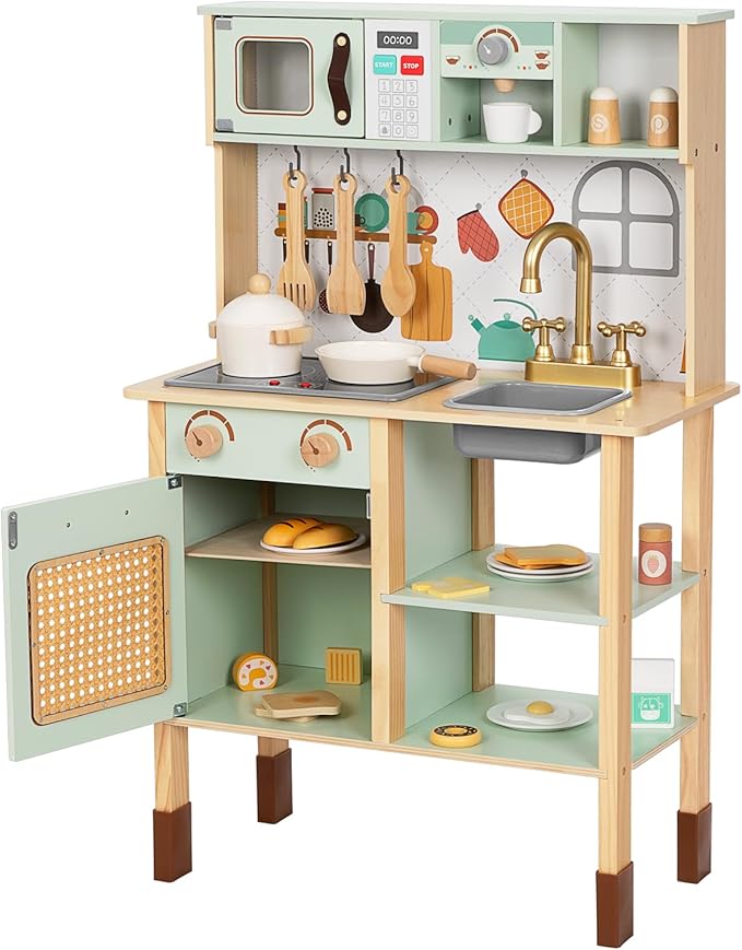 Play Kitchen, Kids Play Kitchen with Real Light & Sounds, Toy Kitchen for Toddlers with Cookware Accessories, Play Kitchen Sets for Kids Ages 4-8, Gift for Boys and Girls.
