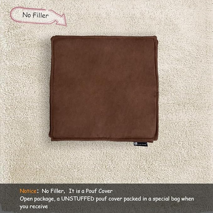 Louis Donné Unstuffed Ottoman Pouf Cover, Soft Handmade Pouf Ottoman Cover Foot Stool, 17.72" Square Small Bean Bag, Ottoman Foot Rest with Storage for Living Rooms Bedrooms, Brown (ONLY Cover)