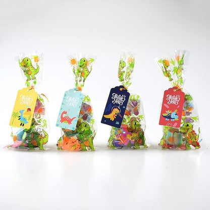 MOVINPE Dinosaur Party Favors 12 Pack 84 pcs Prefilled Goody Bags with Gift Tags, Filled with Dinosaur Themed Stampers Luminous Dinos Figure Slap Bracelets Keychains Rings 3D Stickers for Kids