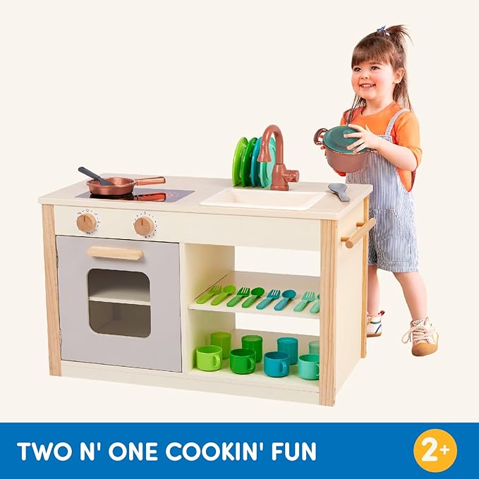 Battat – Play Kitchen & Market – Toddler-Friendly Size – Chalkboard Menu & Oven Dials – 25 Toy Cooking Accessories – 2 Years + – Two n' One Cookin' Fun