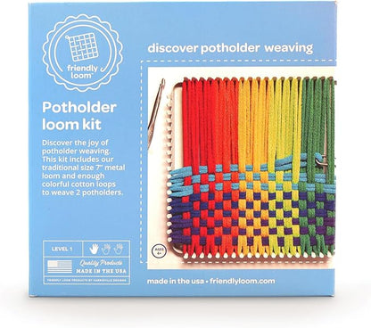 Friendly Loom 7” Traditional Potholder Weaving Kit | Sturdy Metal Loom and Quality Cotton Weaving Loops in Rainbow Colors | Complete Kit to Weave 2 Functional Potholders | Made in the USA