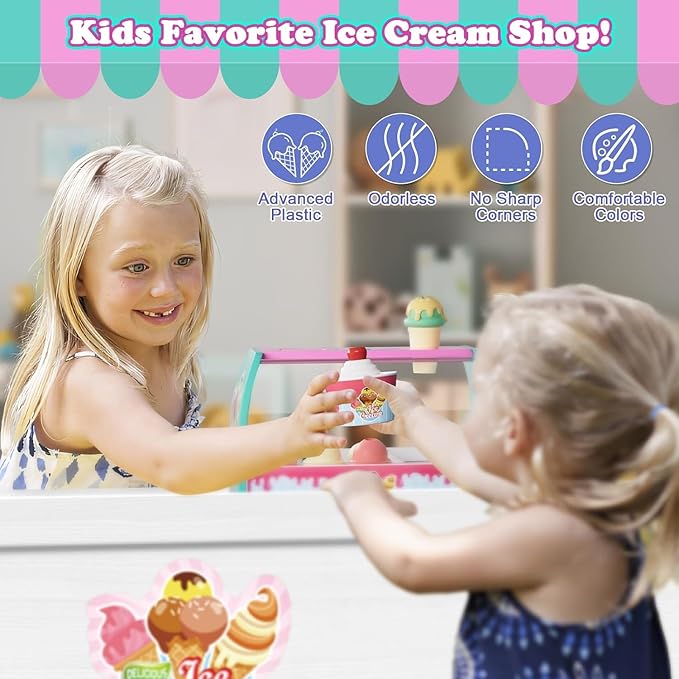 Ice Cream Toy Set for Kids, Pretend Play Ice Cream Shop for Toddlers, Ice Cream Play Set for 3-6 Year Old Girls and Boys, Play Food Accessorie, Educational Toy Food, Gift for 4 5 7 8 Year Olds