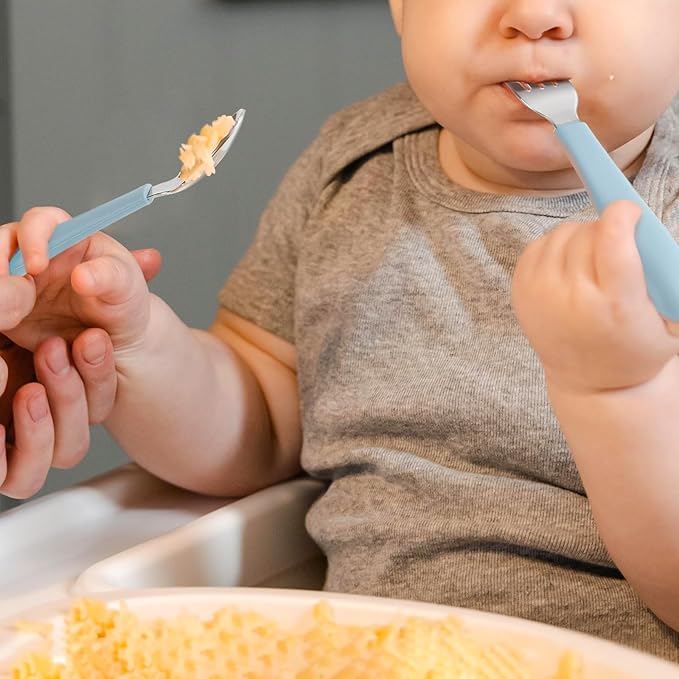 CoixFoam 8 Pieces Toddler Utensils, Toddler Safe Silverware Set With Food Grade Silicone Hanlde, 18/8 Stainless Steel, Perfect Length For New Self Feeders, Dishwasher Safe