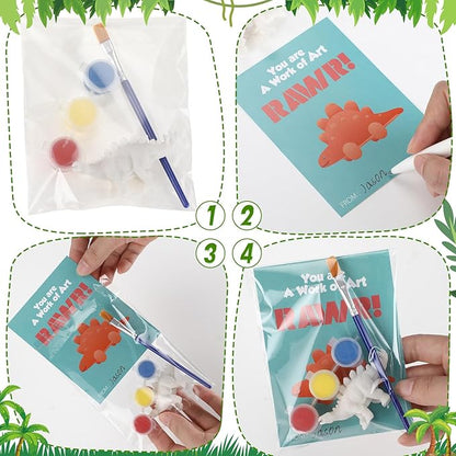 30 Sets Dinosaur Painting Kit with Valentine's Day Cards Dinosaur Figurines Arts and Crafts Exchange Gift Birthday Valentine's Day Party Favor Supplies