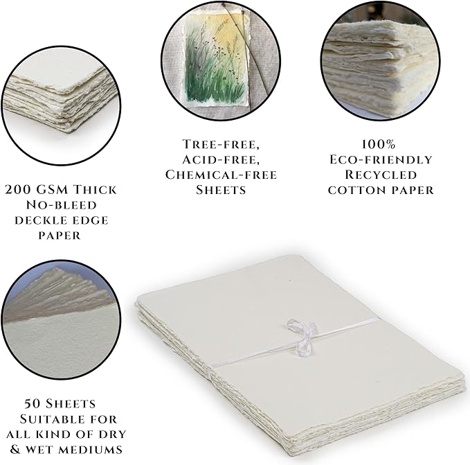 Watercolor Paper - 7.5 X 11 inches - Mixed Media Watercolor Paper - 150 GSM Thick Deckle Edge Virgin Cotton Handmade Paper - Off White