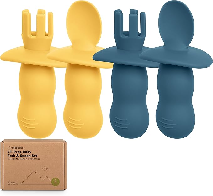 KeaBabies 4-Pack Silicone Baby Spoons and Forks Set - Baby Spoon Self Feeding, BLW Baby Utensils 6-12 Months,Baby Led Weaning Feeding Spoon,Teething Infant Baby First Food Training Pre Spoon (Valiant)