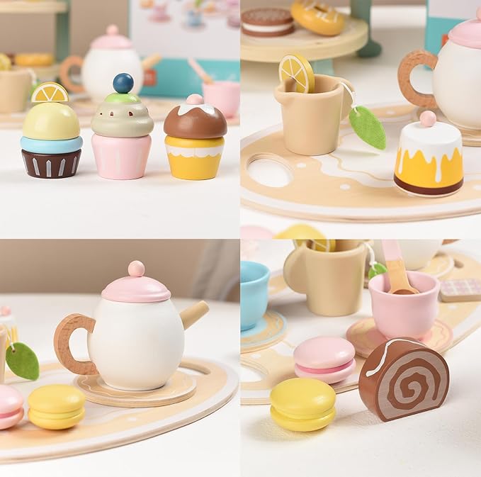 Wooden Tea Party Set for Little Girls Kids with Cupcake Stand & Dessert Food Pretend Play Afternoon Tea Toys Wood Kitchen Toy for 3 4 5 6 Year Old Toddlers Boys Birthday Gift