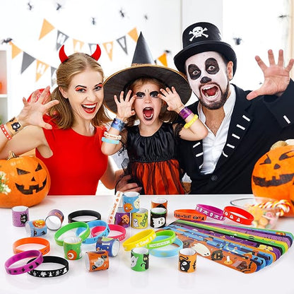 Halloween Party Favors for Kids - 50 Pack Slap Bracelets Halloween Decorations for Party Supplies, 36PCS Friendship Bracelet+14 Rubber Wristbands, Perfect Halloween Snap Bracelets for Halloween Treats