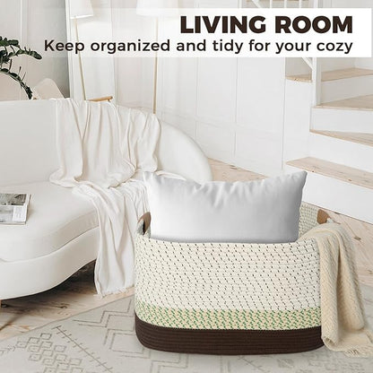 danpinera 108L Large Basket for Living Room, Nursery & Laundry, Kids Toy Basket Storage with Leather Handle, 25’’*16’’*16’’ White & Mottled Green