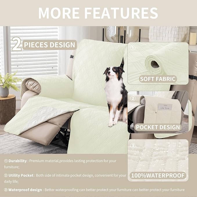 Easehomey Waterproof Loveseat Recliner Cover,Non Slip Reclining Couch Covers for 2 Seat,Dog Chair Cover Furniture Protector Washable Chair Cover with Pocket for Kids,Pets,Dogs(Cream White,2Seat)