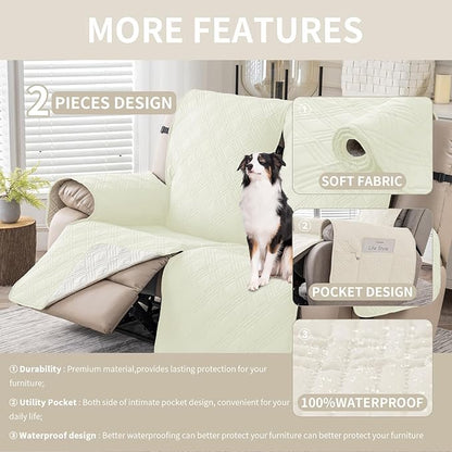Easehomey Waterproof Loveseat Recliner Cover,Non Slip Reclining Couch Covers for 2 Seat,Dog Chair Cover Furniture Protector Washable Chair Cover with Pocket for Kids,Pets,Dogs(Cream White,2Seat)