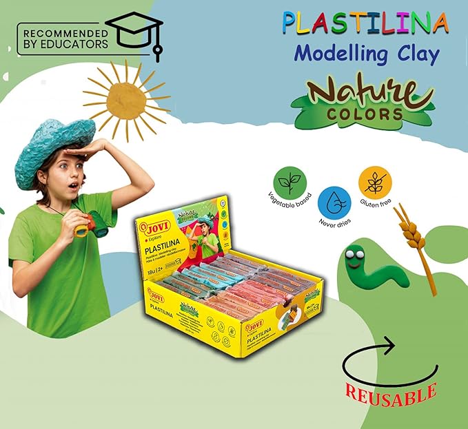 Jovi Plastilina Reusable and Non-Drying Modeling Clay; Nature Colors, 1.75 Oz. Bars, Set of 18, 3 Each of 6 Colors, Perfect for Arts and Crafts Projects