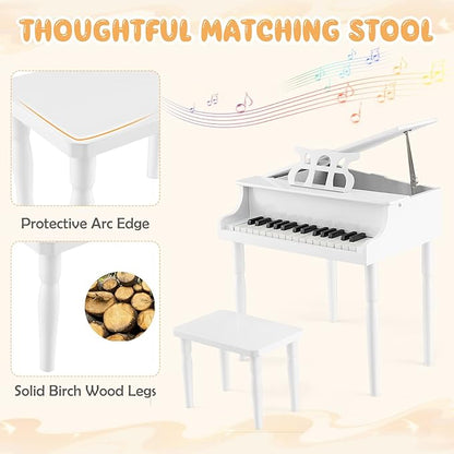 Goplus 30-Key Classical Kids Piano, Mini Grand Piano Wooden Learn-to-Play Musical Instrument Toy with Bench, Piano Lid, Music Rack, Gift for Boys Girls Aged 2+ Baby Toddler(4 Straight Leg-White)
