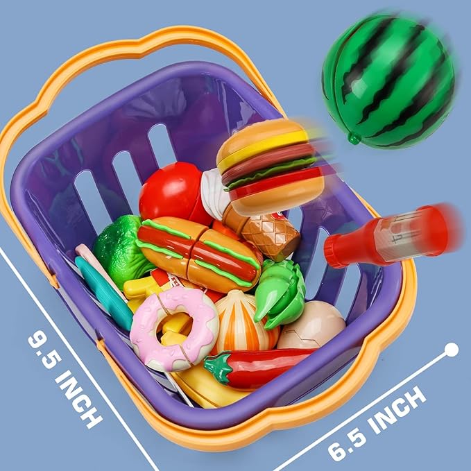 42 Items 87 Pcs Cutting Play Kitchen Set for Kids, Pretend Cooking Fruit &Vegetables&Fast Food with Storage Basket, Fake Food Toys for Toddler&Baby, Educational Gift for Girls Boys Children Birthday