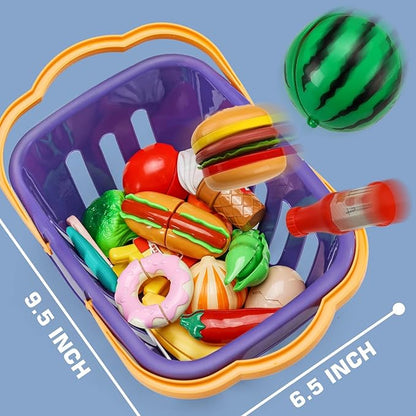 42 Items 87 Pcs Cutting Play Kitchen Set for Kids, Pretend Cooking Fruit &Vegetables&Fast Food with Storage Basket, Fake Food Toys for Toddler&Baby, Educational Gift for Girls Boys Children Birthday