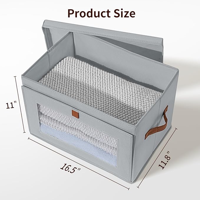 Homsorout Large Closet Storage Organizer - Clothes Storage Bins with Handles & Window, Collapsible Decorative Boxes with Lids, Fabric Containers for Living Room, Dorm, 2 Pack, Grey