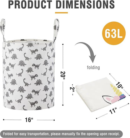 Large Storage Basket for Girls and Boys, Collapsible Laundry Hamper with Long Handles, Toy Bins for Nursery, Kids Room Décor (Grey Dinosaur)