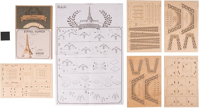 Rolife 3D Wooden Puzzle Wooden Craft Kit Eiffel Tower Model Kit Brain Teaser Games Laser-Cut Building Kits-Model Toy Educational Activity-Best Birthday for Kids to Build