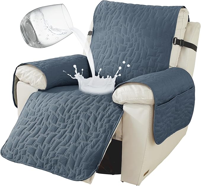 100% Waterproof Recliner Chair Covers for Reclining Chair, Small Recliner Covers That Stay in Place, Non-Slip Recliner Armchair Cover with Pockets for Kids, Pets, Dogs, Cat, Washable,Gray blue