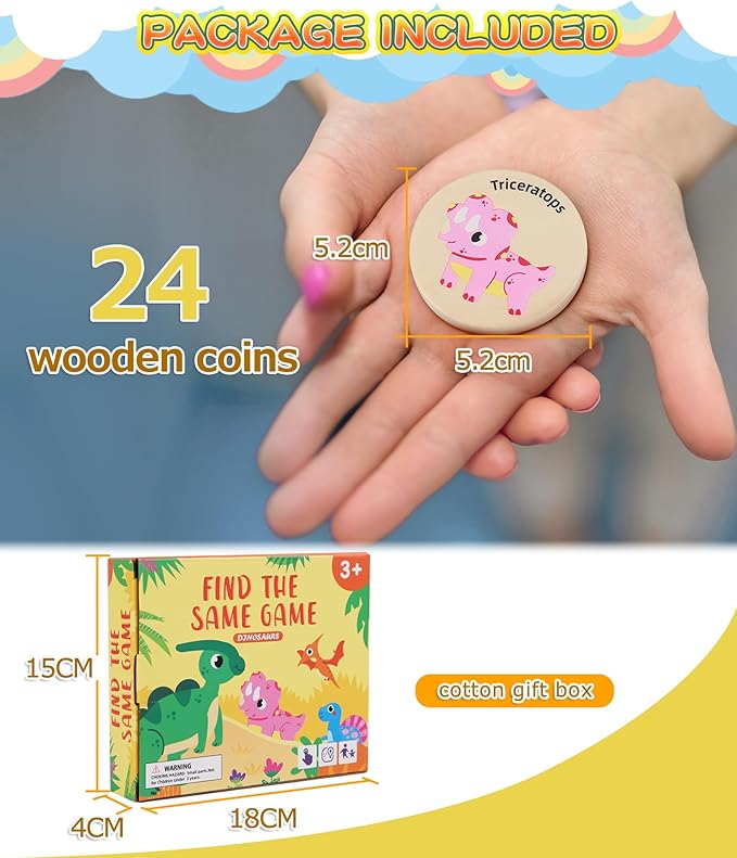 Wooden Match Memory Game for Kids, 24Pc Memory Matching Cards, Educational Memory Matching Game for Pre-Kindergarten Early Learning Development Kids-Dinosaur