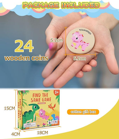 Wooden Match Memory Game for Kids, 24Pc Memory Matching Cards, Educational Memory Matching Game for Pre-Kindergarten Early Learning Development Kids-Dinosaur