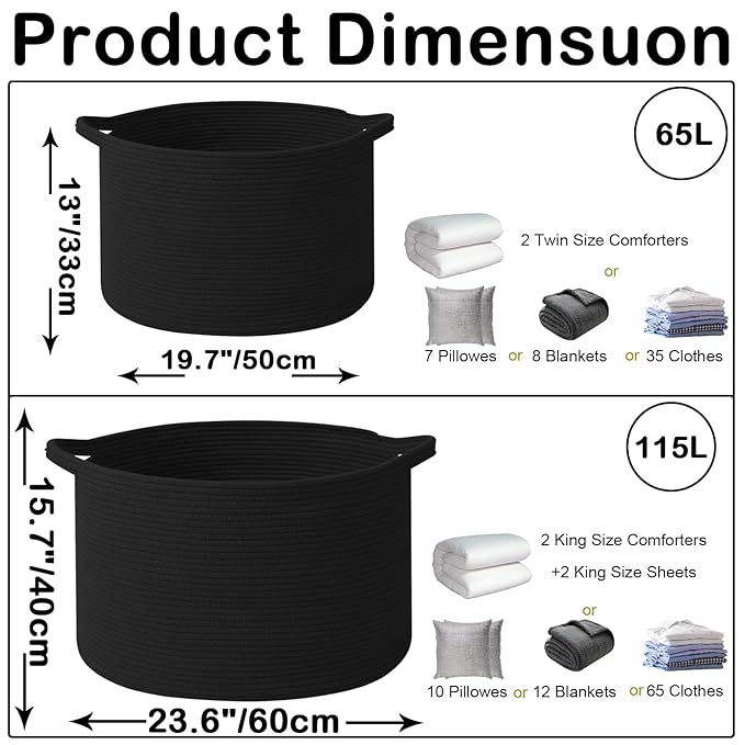 65L Extra Large Woven Cotton Rope Blanket Basket with Handles, Laundry Hamper Storage Bin for Pillows, Comforters,Clothes, Toys, Nursery, Bedroom and Living Room Organization,Black