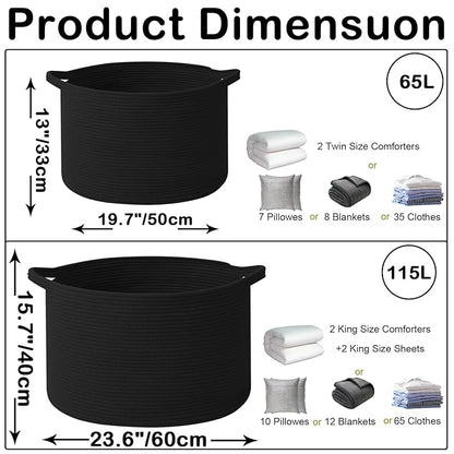65L Extra Large Woven Cotton Rope Blanket Basket with Handles, Laundry Hamper Storage Bin for Pillows, Comforters,Clothes, Toys, Nursery, Bedroom and Living Room Organization,Black