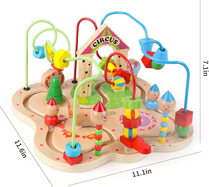 Joqutoys First Bead Maze Toy for Toddlers 1-3(Large), Wooden Colorful Circus Roller Coaster Circle Toys for Babies - Bead Maze Activity Cube Educational Toys First Birthday Gifts for Boys Girls