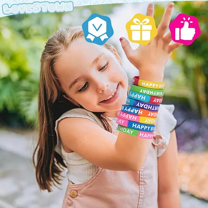 LovesTown 48PCS Birthday Rubber Bracelets, Silicone Stretch Wristbands Dual-color Happy Birthday Bracelets for Kids Adults Birthday Party Favors