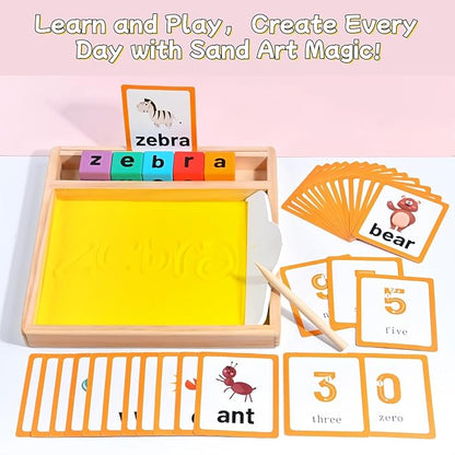 Wooden Sand Writing Tray – Educational Sand Tray for 3 Year Old Kids with Cards, Blocks & Pen – Trace Letters, Numbers & Draw – Perfect Preschool & Classroom Gift.