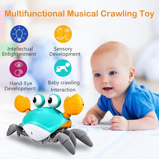 Plnmlls Crawling Crab Baby Toy,Tummy Time Toys,with Music and LED Light,Built-in Rechargeable Battery and Volume Can be Turned Off for 6-12 12-18 36 Months Walking Toddler Birthday Gift(Jade Green)