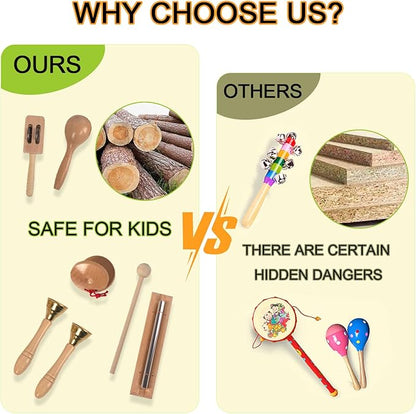 Wooden Musical Instruments Set for Toddlers 1-3, Natural Wood Percussion Instruments Xylophone Gift Set for Girls Boys Kids ,Preschool Educational Musical Toys with Storage Bag (Log Color)