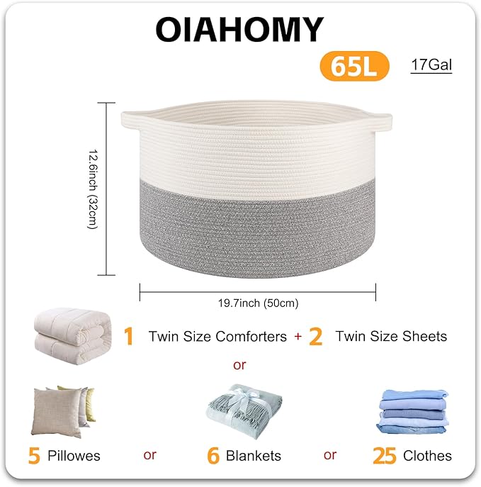 OIAHOMY Large Blanket Basket for Living Room, 19.7" x 12.6" Woven Cotton Rope Laundry Basket for Organizing Pillows, Decorative Stuffed Animal Toy Storage Bin for Nursery, White and Light Grey