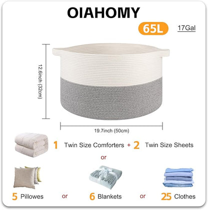 OIAHOMY Large Blanket Basket for Living Room, 19.7" x 12.6" Woven Cotton Rope Laundry Basket for Organizing Pillows, Decorative Stuffed Animal Toy Storage Bin for Nursery, White and Light Grey